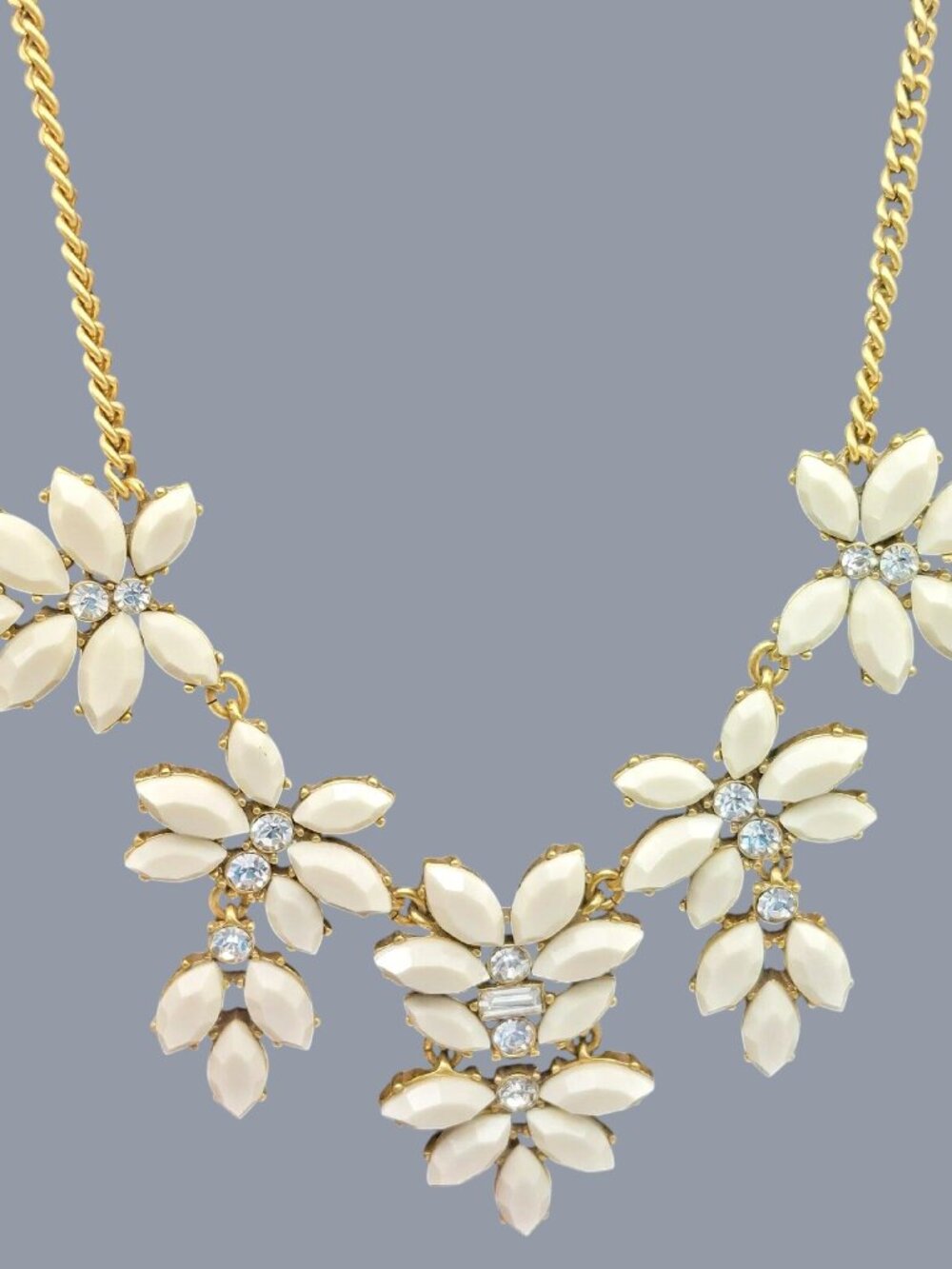 J.Crew Cream Floral Rhinestone Statement Necklace Gold Tone